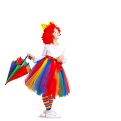 children in colorful clown outfits, isolated on a white background