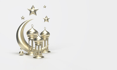 Fototapeta na wymiar 3D Ramadan kareem with gold lights and golden star moon. 