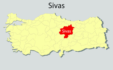 Fototapeta premium Map of Turkey where Sivas province is pulled out, isolated on background