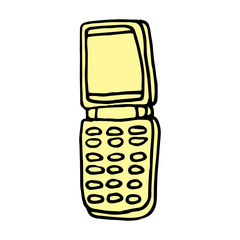 vintage clamshell phone - hand drawn vector sketch. first generation push-button cell phones