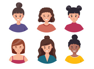 Women avatar set illustration. Set of cute girls with different hairstyles and hair color illustration face avatar collection