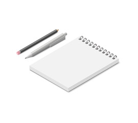 Notepad pencil and pen. Colored isometric vector illustration. Isolated on white background.