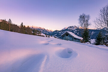 Hütte - Allgäu - Stadel - Winter - Schnee - Berge - Sonnenuntergang - Hindelang 
