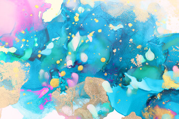 art photography of abstract fluid art painting with alcohol ink, blue, pink and gold colors