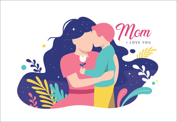 Fototapeta na wymiar Happy Mother's Day greeting card. Vector illustration of a little boy giving flower to his mother.