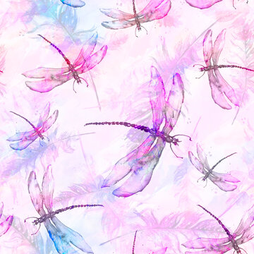 Seamless watercolor abstract background with beautiful feathers. Vintage illustration with an abstract  pink paint glue. For textiles, material, wallpapers. Watercolor card with a picture of dragonfly