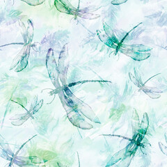 Fototapeta na wymiar Seamless watercolor abstract background with beautiful feathers. Vintage illustration with an abstract blue paint glue. For textiles, material, wallpapers. Watercolor card with a picture of dragonfly