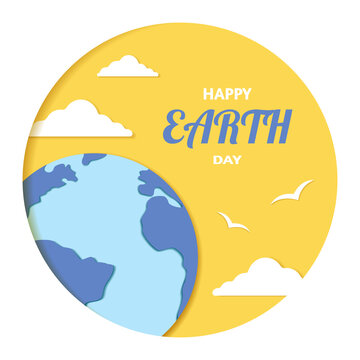 Happy mother earth day in cut paper style, planet, clouds and birds. Vector stock illustration. 