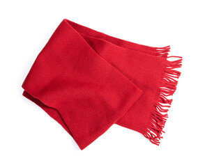 Red knitted scarf on a white background, top view.