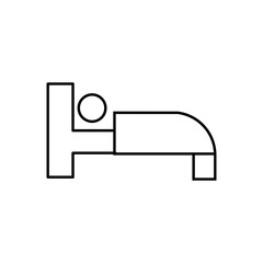 Hotel, motel or lodging thin line icon in black. Man sleeping on the bed. Flat style isolated symbol, for: illustration, minimal, logo, mobile, app, emblem, design, web, site, ui, ux. Vector EPS 10