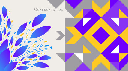 Blue leaves elements composition and geometric postcard design vector illustration.