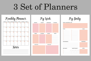 Daily, weekly,  monthly planners set, 3 planner pages A4 sizes. Pages for bullet journal, notebook. - obrazy, fototapety, plakaty