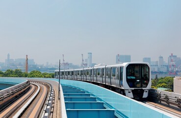 Naklejka premium Scenery of a train traveling on the elevated rail of Yurikamome Line in Downtown Tokyo, with a background of modern buildings in Odaiba under blue clear sunny sky