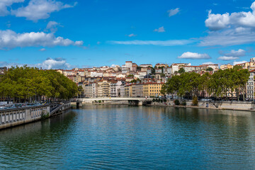 Lyon cityscape from Saone river with colorful houses and river, France, Europe