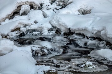 冬の北海道 凍った川の流れ

