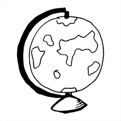 One hand-drawn globe .Doodle vector illustration. Isolated on a white background, black and white graphics
