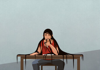 Woman chewing on long hair at table
