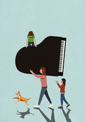 Family with dogs carrying grand piano
