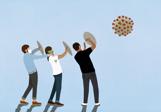 People in face masks with shields guarding against coronavirus
