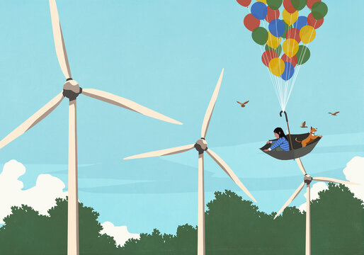 Fototapeta Girl and dog floating in balloon umbrella above wind turbines 