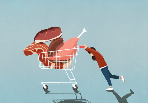 Girl pushing shopping cart full of meat
