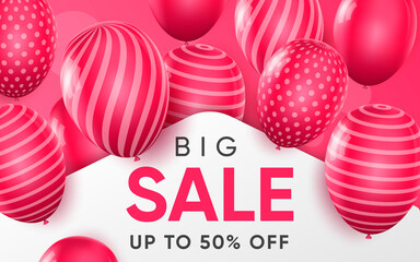 3d poster of Big Sale to 50 percent off with pink balloons in realistic design. Discount prices. Flyer template for shop promotion website background. Vector illustration of advertising web banner