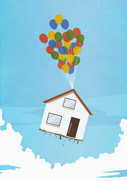 Helium balloons lifting house into sky
