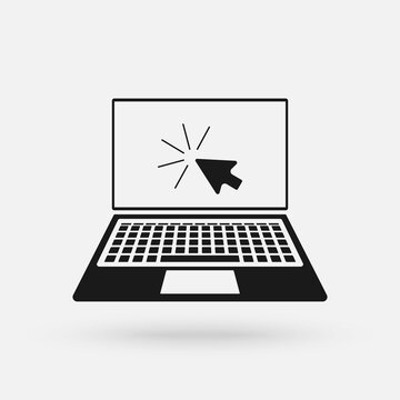 Click the laptop, notebook and cursor icon. Vector illustration. Pictogram isolated on white background.
