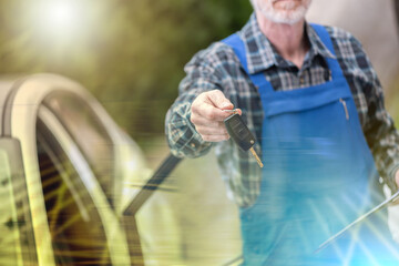 Mechanic delivering car keys after car engine checking; multiple exposure