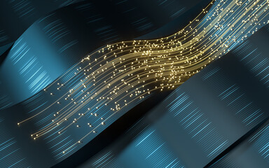 Flowing wave clothe with glowing particles, 3d rendering.