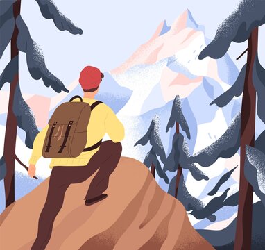 Aspiration to horizons, goals and discoveries concept. Backpacker climbing on top of mountains. Person standing at peak and dreaming about achieving new aims. Colored flat vector illustration