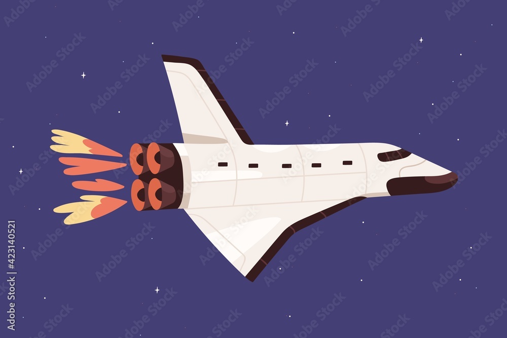 Wall mural intergalactic spaceship flying in outer space. spacecraft flight in sky. galactic shuttle traveling 