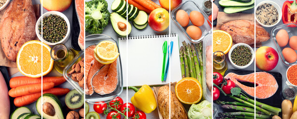 Collage of healthy diet eating plan. Meal planning.
