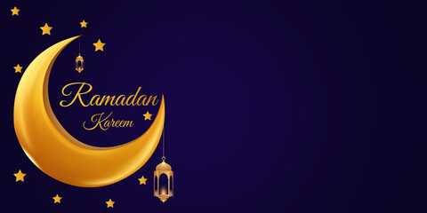 Obraz na płótnie Canvas Ramadan Kareem beautiful golden lettering with moon and stars background