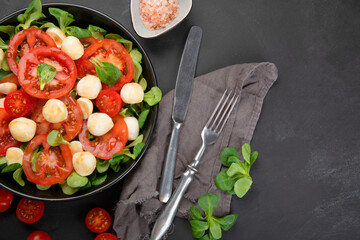 Delicious Italian caprese salad with sliced tomatoes and mozzarela on dark background.