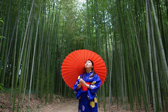 Young woman in kimono with parasol looking up at bamboo trees
