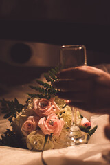 Bridal bouquet with rings, earrings, accessories and shoes, wedding concept