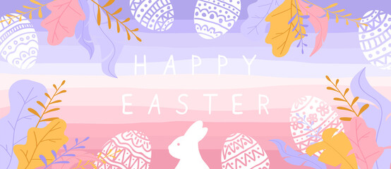 Purple Easter Banner with Eggs and Plants