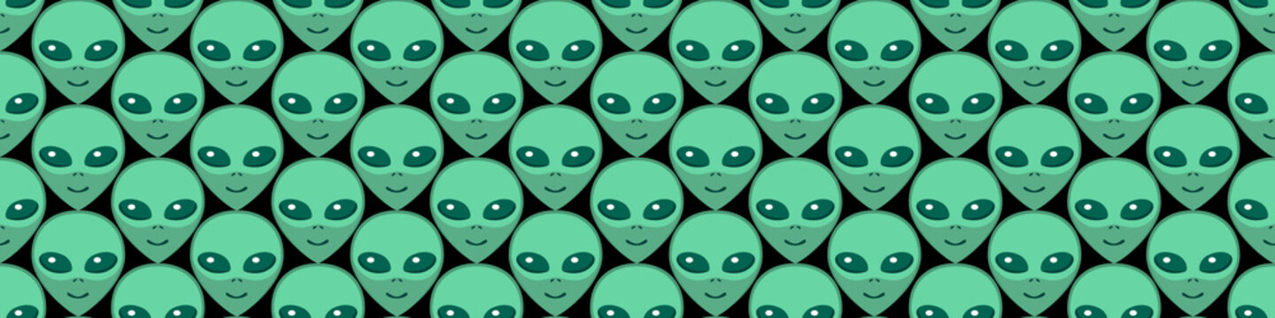 Seamless pattern with Aliens green heads. UFO, Humanoids endless backdrop isolated. Smiling visitors, Martians. Vector illustration, wallpaper on theme of space, conspiracy theory, Sci-fi, fantastic