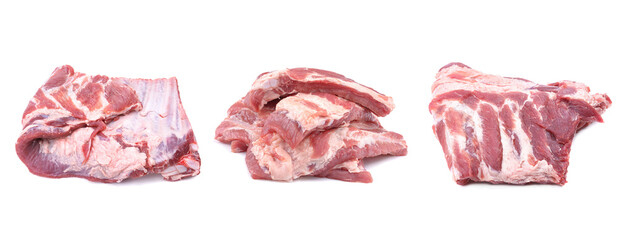Meat set.Raw pork and beef ribs from different angles isolated on a white background.Selective focus.
