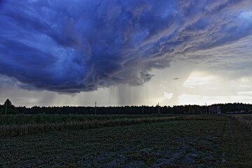 Heavy stormy dark blue rain cloud over the field on a summer evening, beautiful natural landscape
