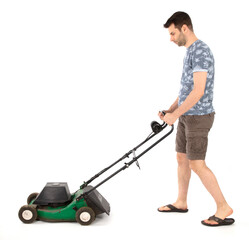 Man pushing old green lawn mower