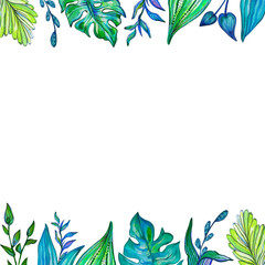 Naklejka premium Summer and spring plants with decorative leaves draw acrylic colors. Monstera stylized leaf. Space for your text. Leaf frame, mockup.