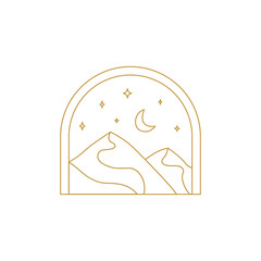 Abstract boho landscape logo. Moon and stars, night, mountains, nature.