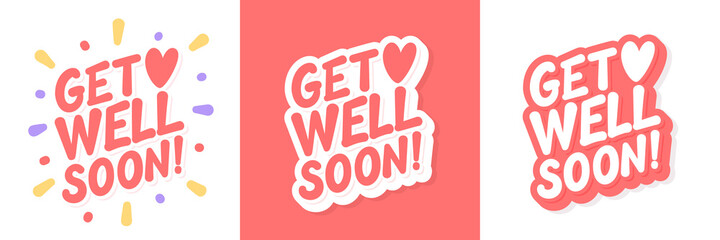  Get well soon. Vector lettering cards set.