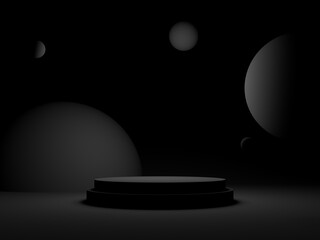3D black geometric podium. Dark background.
