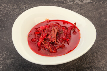 Russian traditional Borsch soup with cabbage
