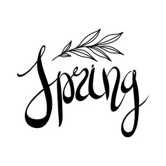 Hand writing illustration of spring lettering isolated with leaves. Can be used for postcard, greeting card, poster, banner, textile, print.