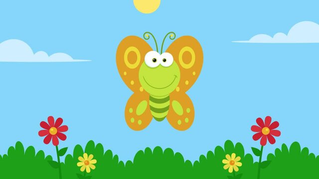 Cute Butterfly Cartoon Character Flying. 4K Animation Video Motion Graphics With Landscape Background 