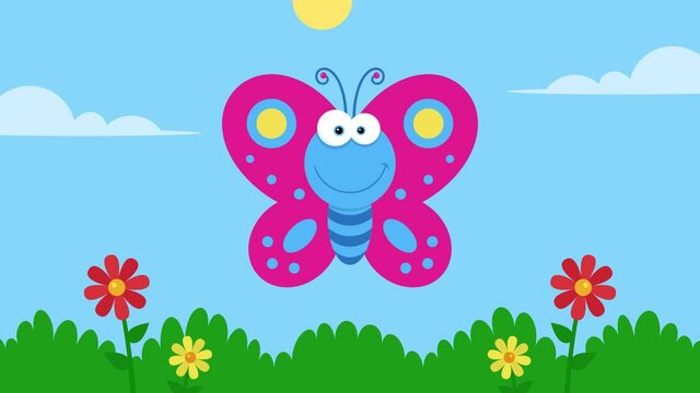 Blue Butterfly Cartoon Character Flying. 4K Animation Video Motion Graphics With Landscape Background 